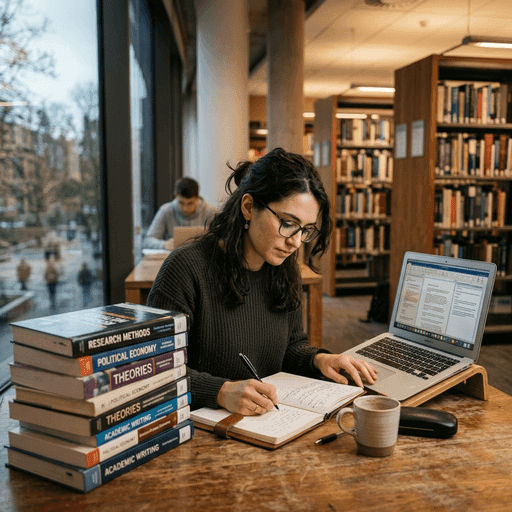PhD scholar writing notes in library